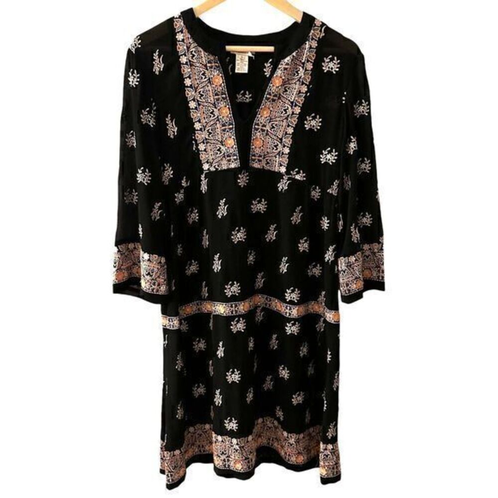 Sundance to the Wind Black‎ Floral Embroidered V-Neck 3/4 Sleeve Boho Dress S